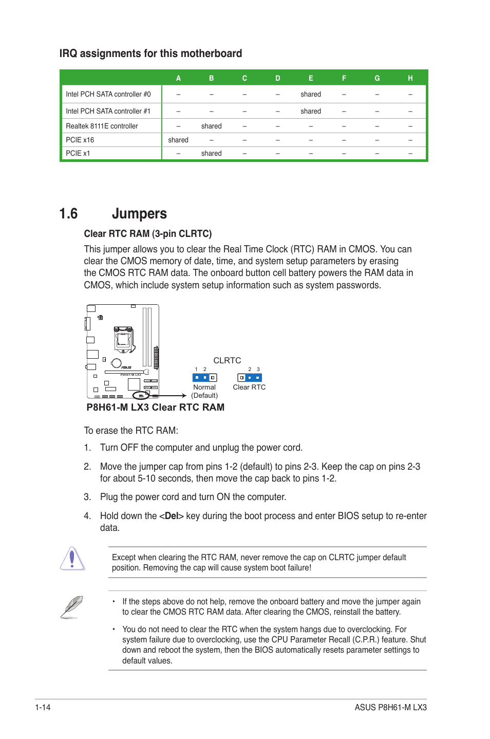 6 jumpers, Jumpers -14, Irq assignments for this motherboard | P8h61-m lx3 clear rtc ram | Asus P8H61-M LX3 User Manual | Page 24 / 58