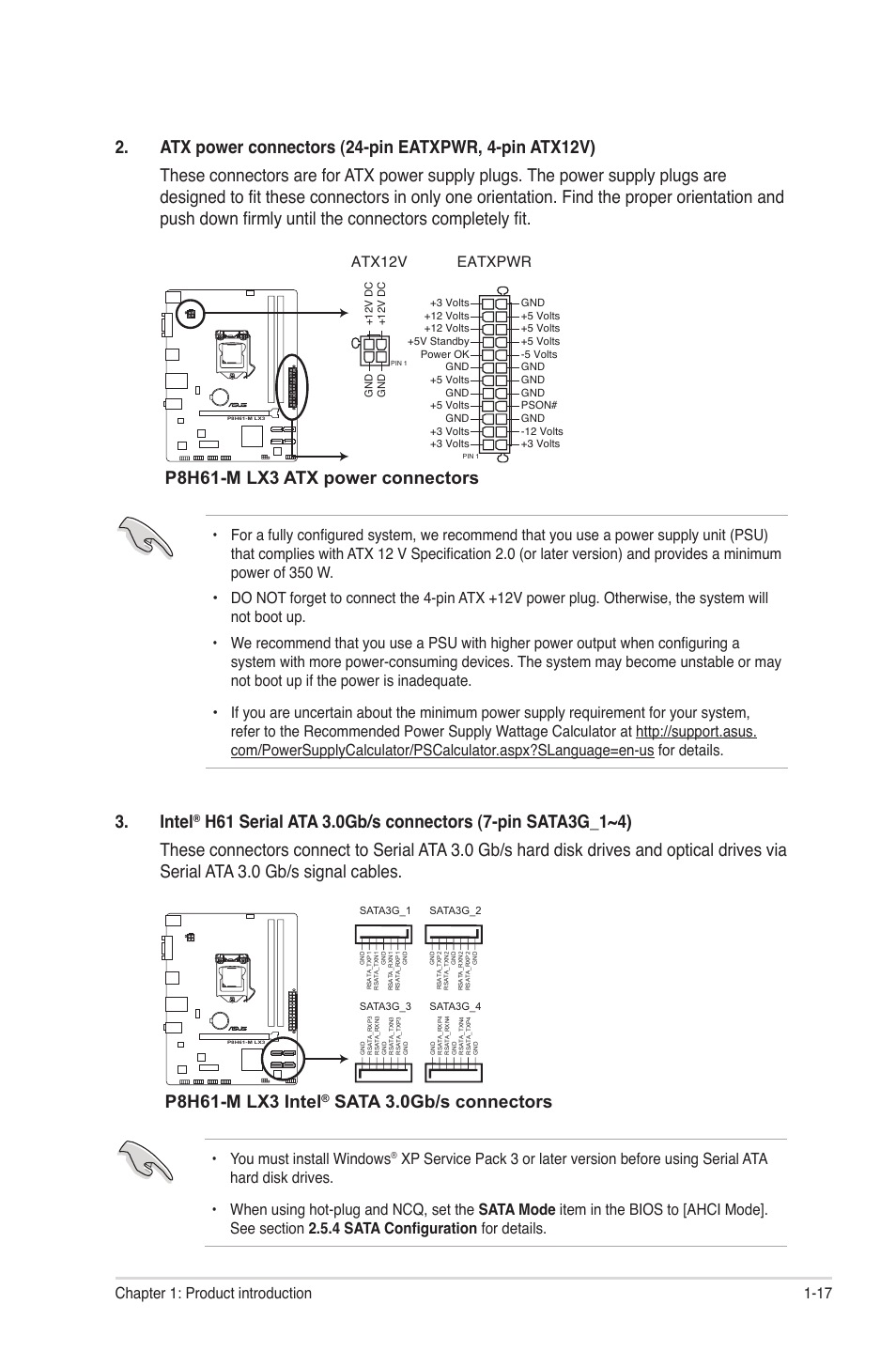 P8h61-m lx3 atx power connectors, Intel, P8h61-m lx3 intel | Sata 3.0gb/s connectors, Eatxpwr, Atx12v, You must install windows | Asus P8H61-M LX3 User Manual | Page 27 / 58