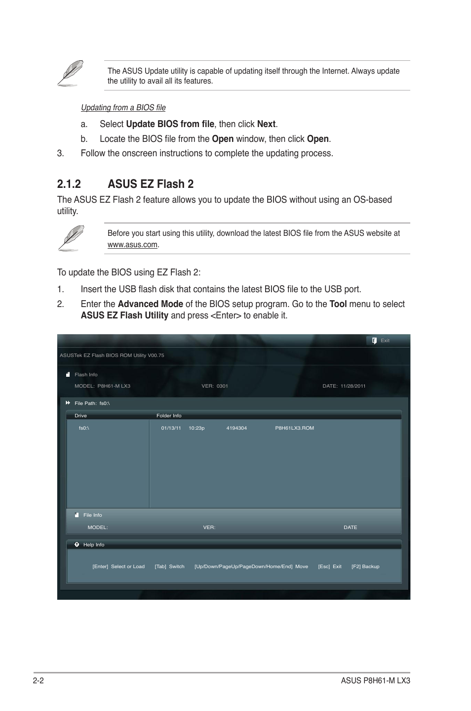 2 asus ez flash 2, Asus ez flash 2 -2 | Asus P8H61-M LX3 User Manual | Page 32 / 58