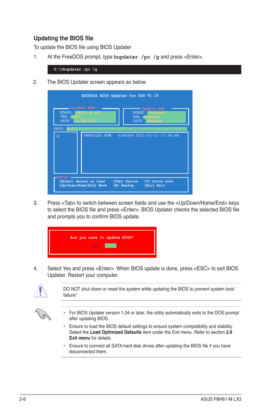 Updating the bios file | Asus P8H61-M LX3 User Manual | Page 36 / 58