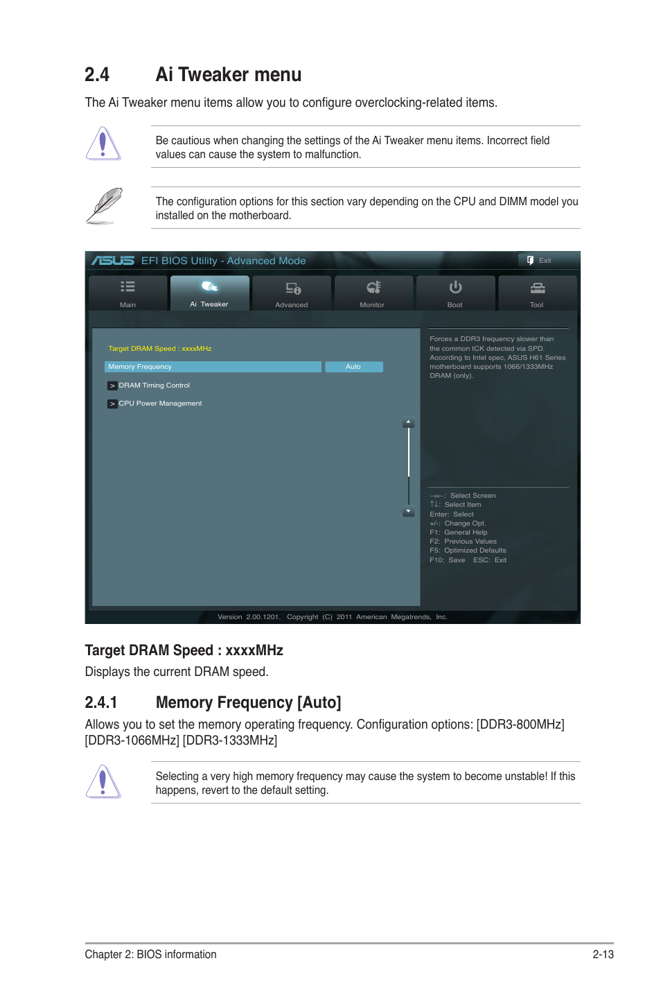 4 ai tweaker menu, 1 memory frequency [auto, Ai tweaker menu -13 2.4.1 | Memory frequency [auto] -13, Displays the current dram speed | Asus P8H61-M LX3 User Manual | Page 43 / 58