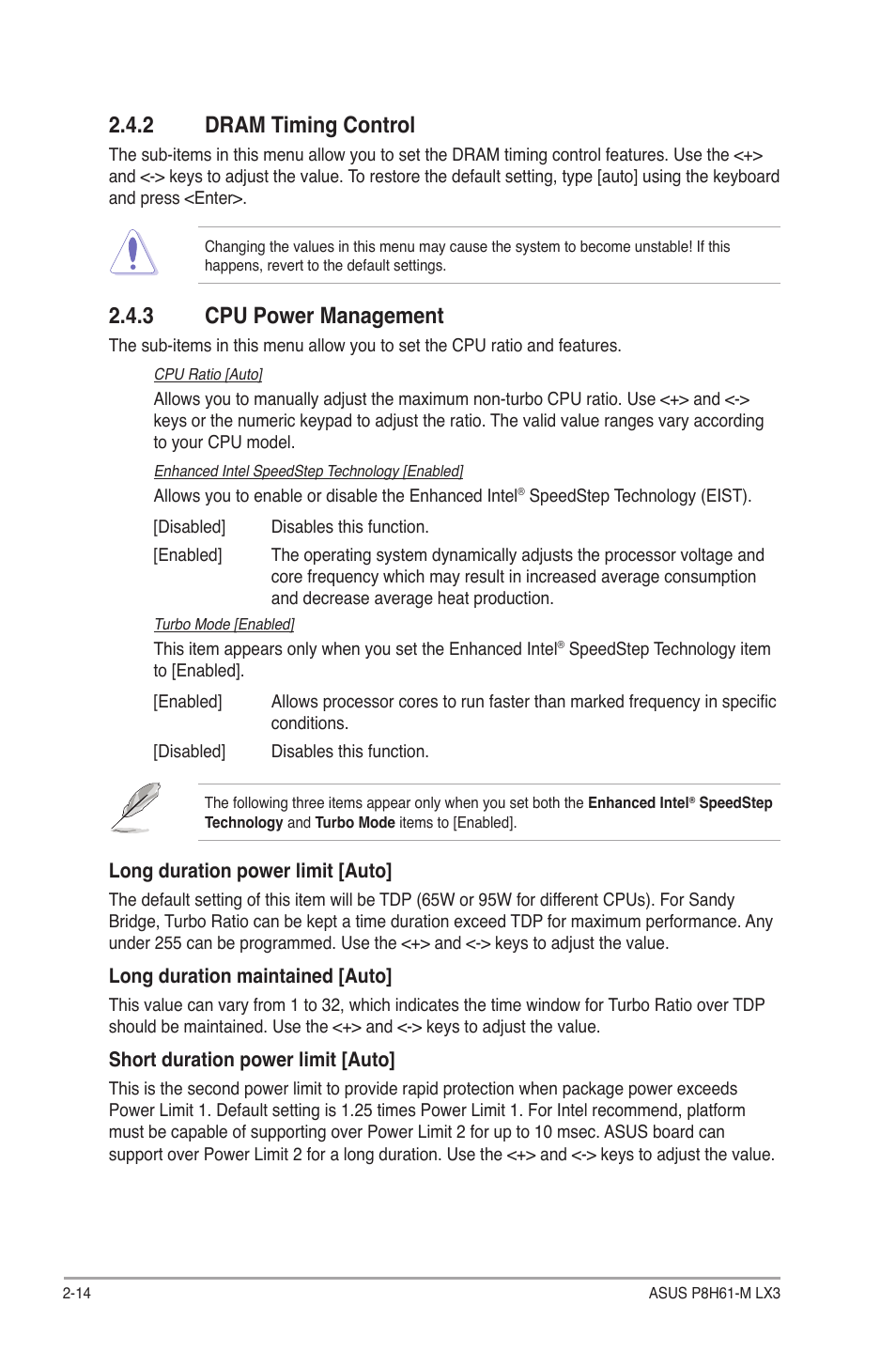 2 dram timing control, 3 cpu power management, Dram timing control -14 | Cpu power management -14 | Asus P8H61-M LX3 User Manual | Page 44 / 58