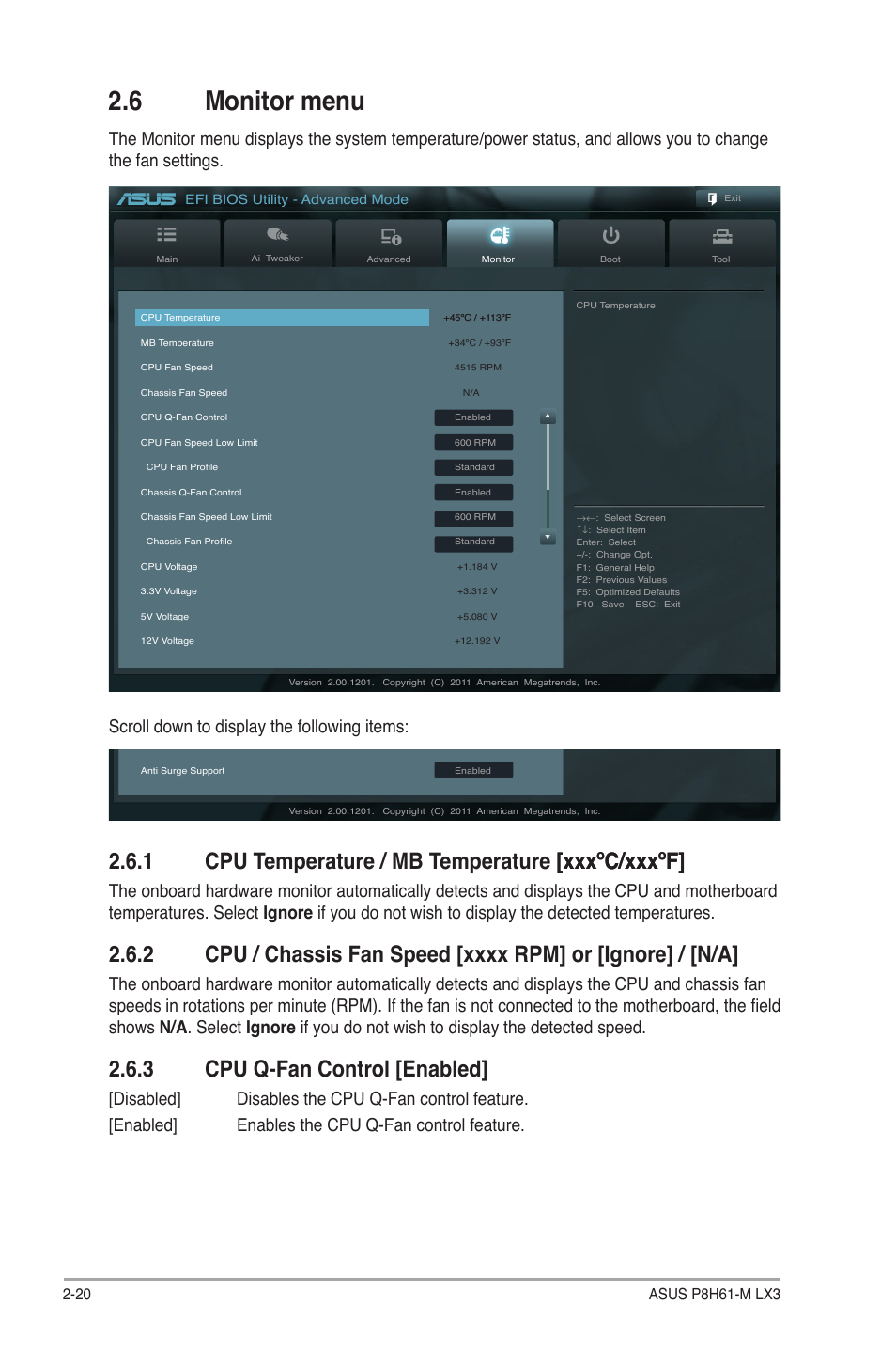 6 monitor menu, 1 cpu temperature / mb temperature [xxxºc/xxxºf, 2 cpu / chassis fan speed | 3 cpu q-fan control [enabled, Monitor menu -20 2.6.1, Cpu temperature / mb temperature [xxxºc/xxxºf] -20, Cpu / chassis fan speed -20, Cpu q-fan control [enabled] -20, Scroll down to display the following items | Asus P8H61-M LX3 User Manual | Page 50 / 58