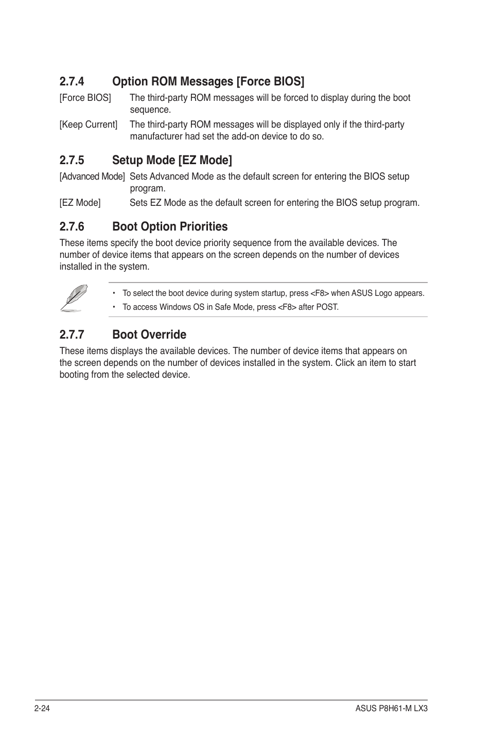 4 option rom messages [force bios, 5 setup mode [ez mode, 6 boot option priorities | 7 boot override, Option rom messages [force bios] -24, Setup mode [ez mode] -24, Boot option priorities -24, Boot override -24 | Asus P8H61-M LX3 User Manual | Page 54 / 58