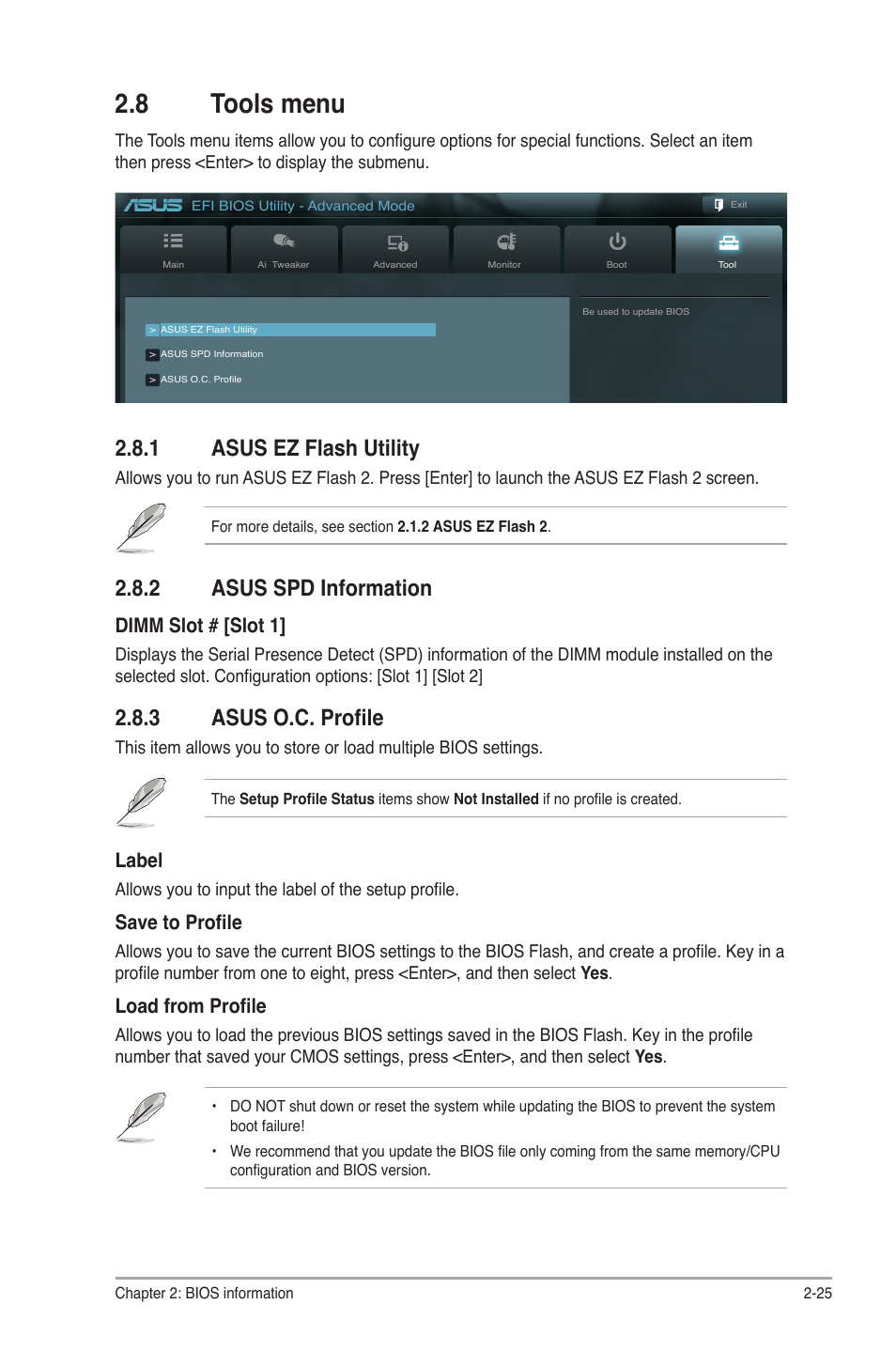 8 tools menu, 1 asus ez flash utility, 2 asus spd information | 3 asus o.c. profile, Tools menu -25 2.8.1, Asus ez flash utility -25, Asus spd information -25, Asus o.c. profile -25, Dimm slot # [slot 1, Label | Asus P8H61-M LX3 User Manual | Page 55 / 58