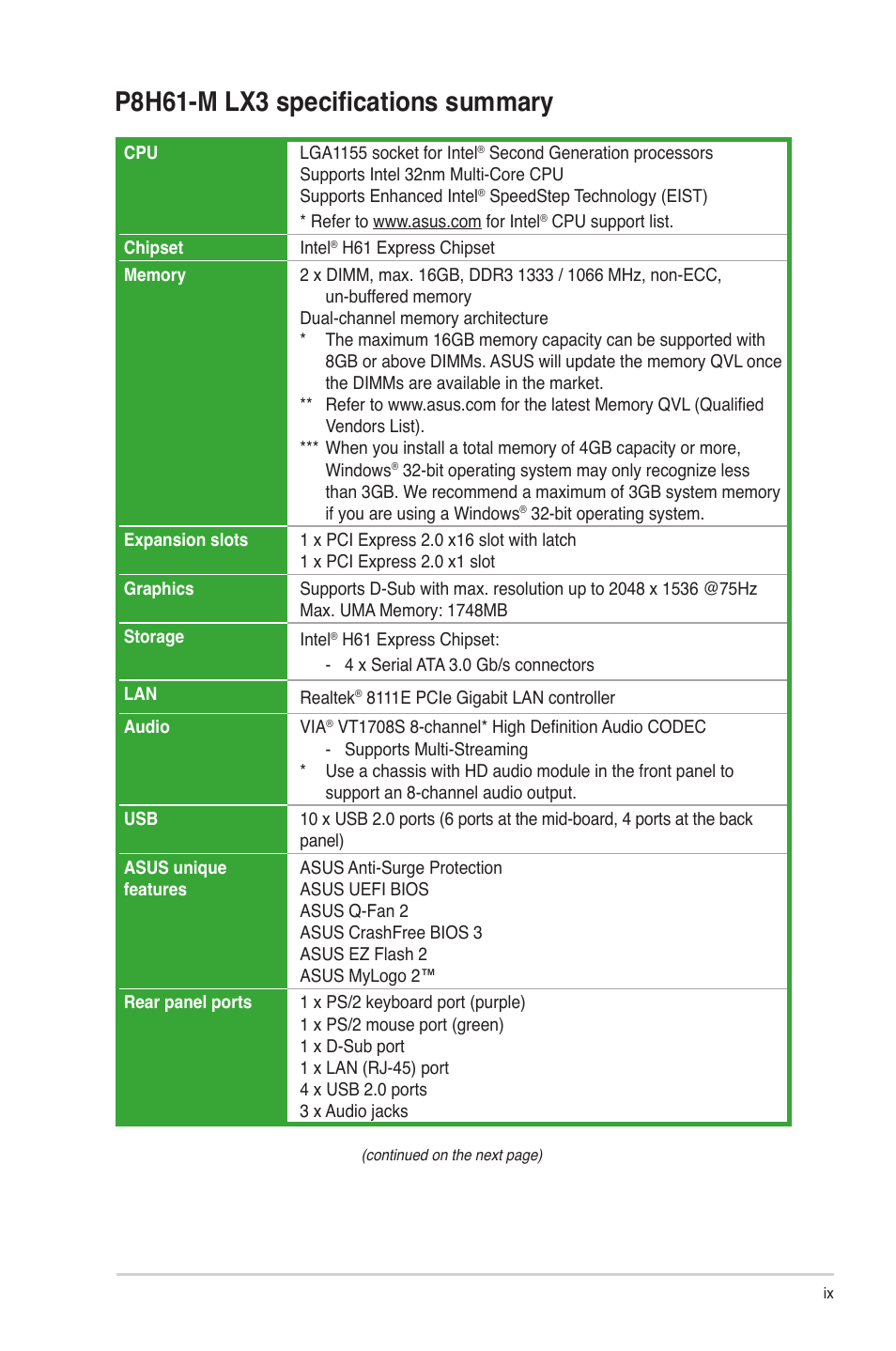 P8h61-m lx3 specifications summary | Asus P8H61-M LX3 User Manual | Page 9 / 58