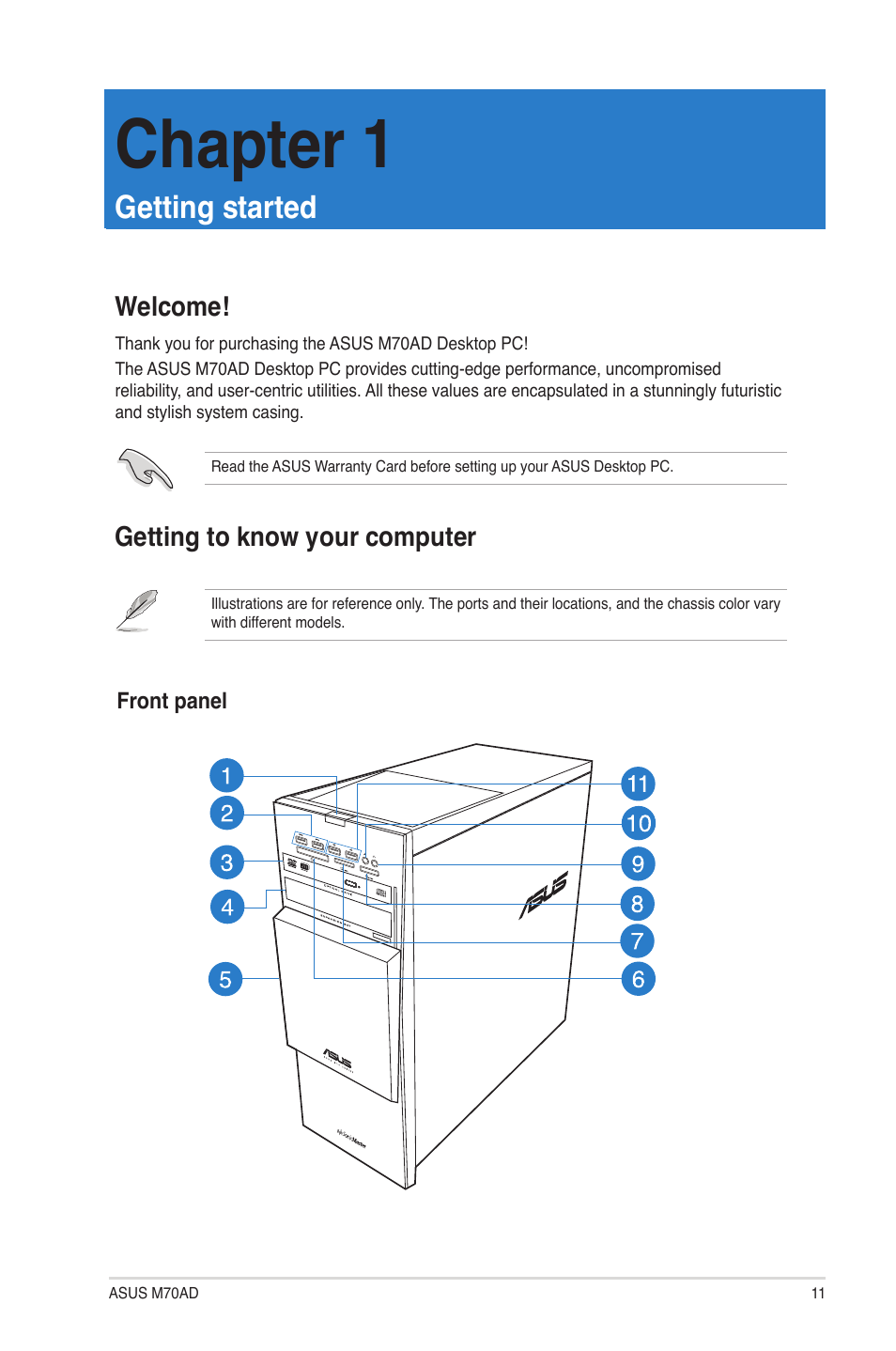 Chapter 1: getting started, Welcome, Getting to know your computer | Getting started, Welcome! getting to know your computer, Chapter 1 | Asus M70AD User Manual | Page 11 / 76