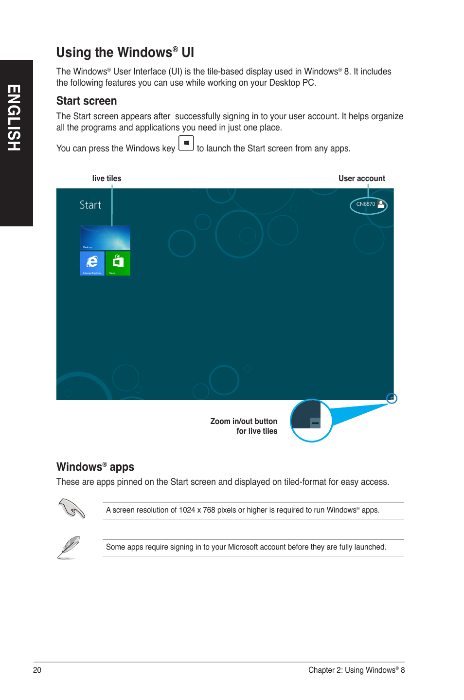 Using the windows® ui, Using the windows, En gl is h en gl is h en gl is h en gl is h | Asus M70AD User Manual | Page 20 / 76