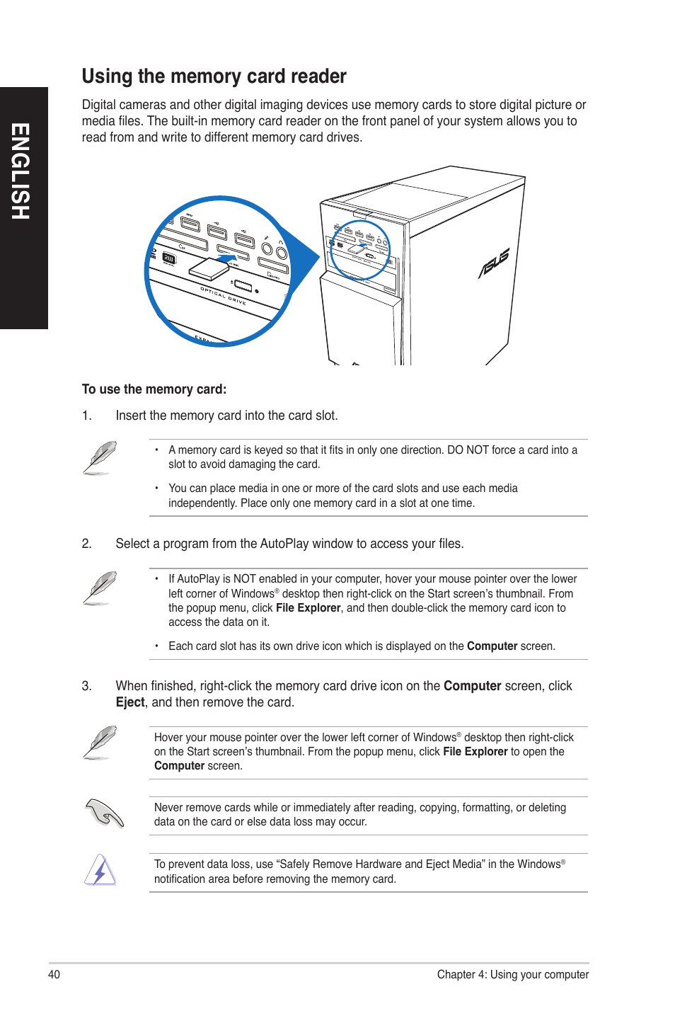 Using the memory card reader, En gl is h en gl is h en gl is h en gl is h | Asus M70AD User Manual | Page 40 / 76