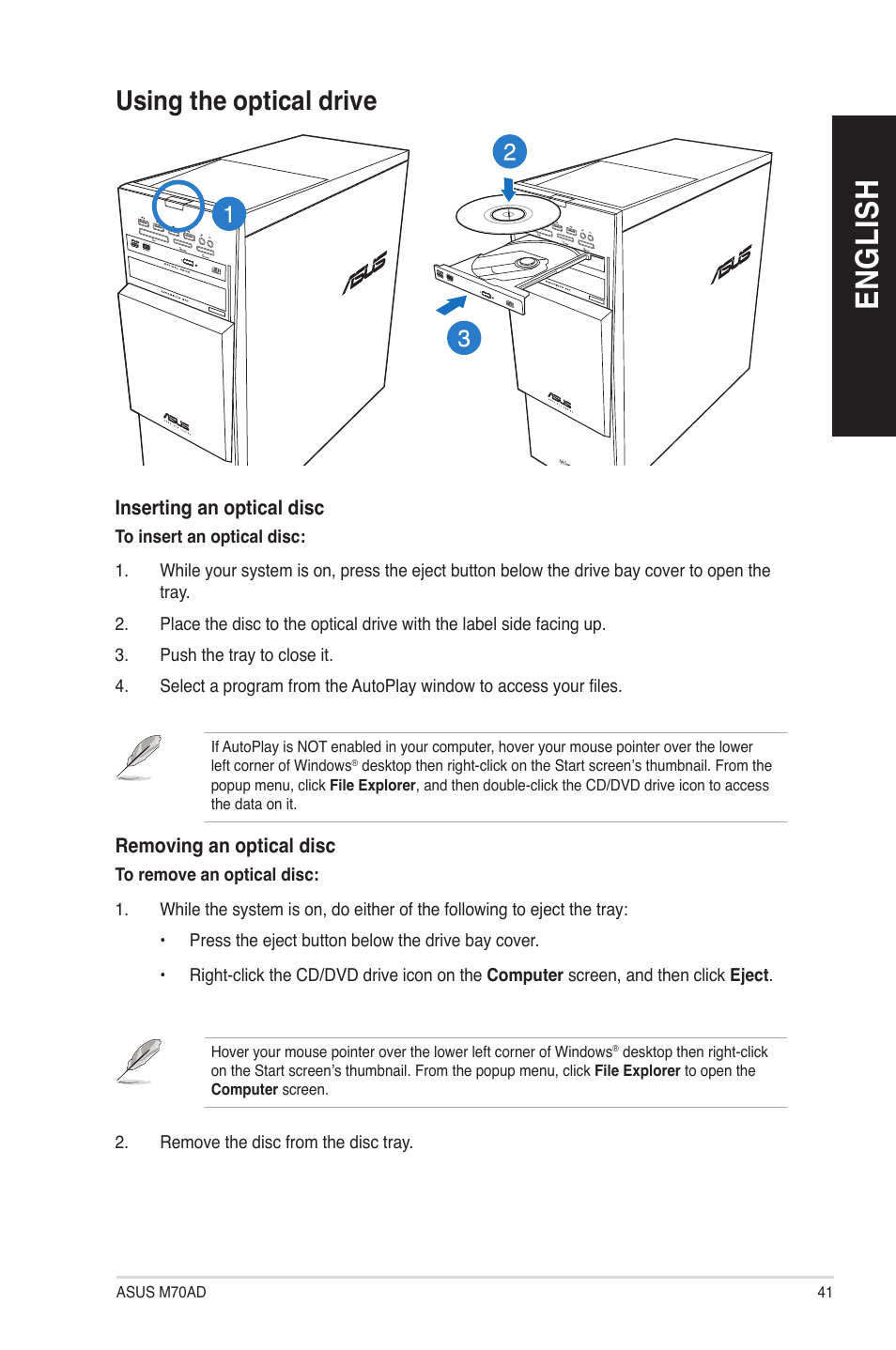 Using the optical drive, En gl is h en gl is h | Asus M70AD User Manual | Page 41 / 76