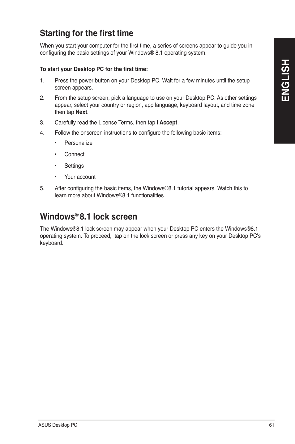 Starting for the first time, Windows® 8.1 lock screen, Starting for the first time windows | 1 lock screen, En gl is h en gl is h | Asus M70AD User Manual | Page 61 / 76