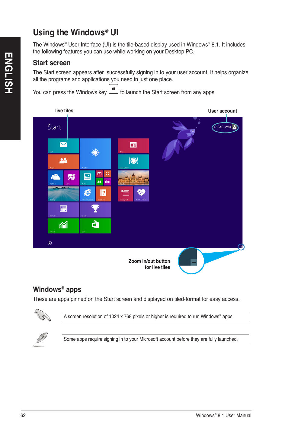 Using the windows® ui, Start screen, Windows® apps | Using the windows, En gl is h en gl is h en gl is h en gl is h | Asus M70AD User Manual | Page 62 / 76