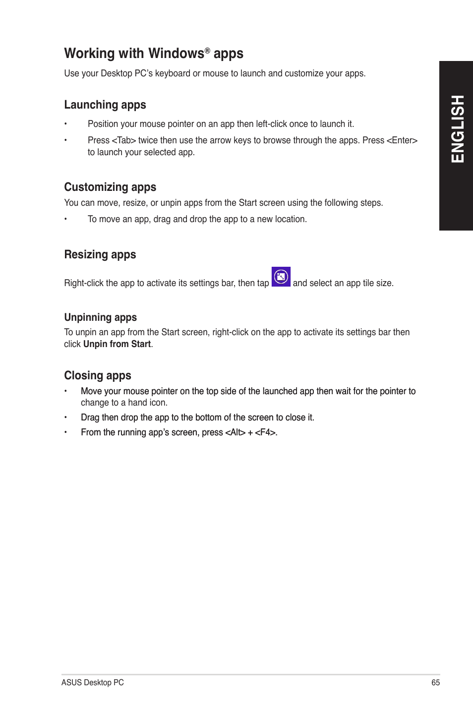 Working with windows® apps, Launching apps, Customizing apps | Resizing apps, Closing apps, Working with windows, Apps, En gl is h en gl is h | Asus M70AD User Manual | Page 65 / 76