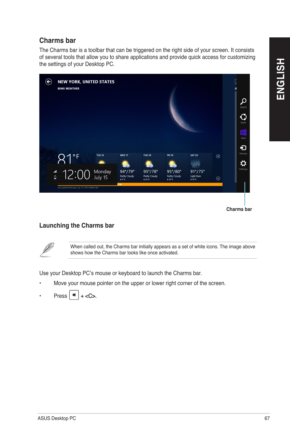 Charms bar, En gl is h en gl is h | Asus M70AD User Manual | Page 67 / 76