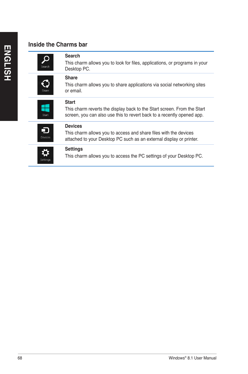 Inside the charms bar, En gl is h en gl is h en gl is h en gl is h | Asus M70AD User Manual | Page 68 / 76