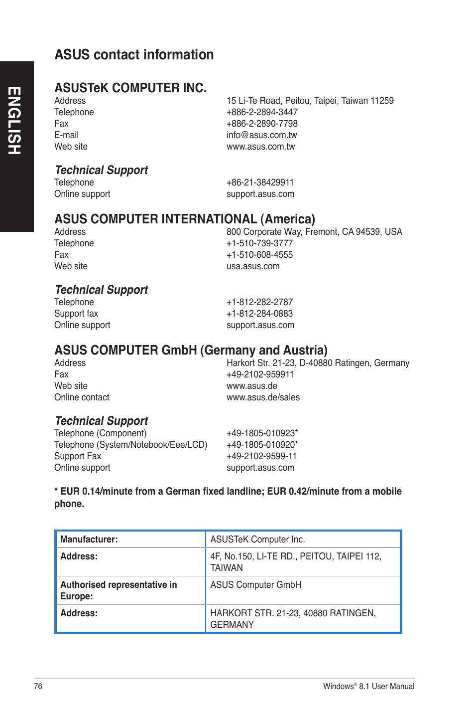 Asus contact information, En gl is h en gl is h, Asustek computer inc | Asus computer international (america), Asus computer gmbh (germany and austria), Technical support | Asus M70AD User Manual | Page 76 / 76