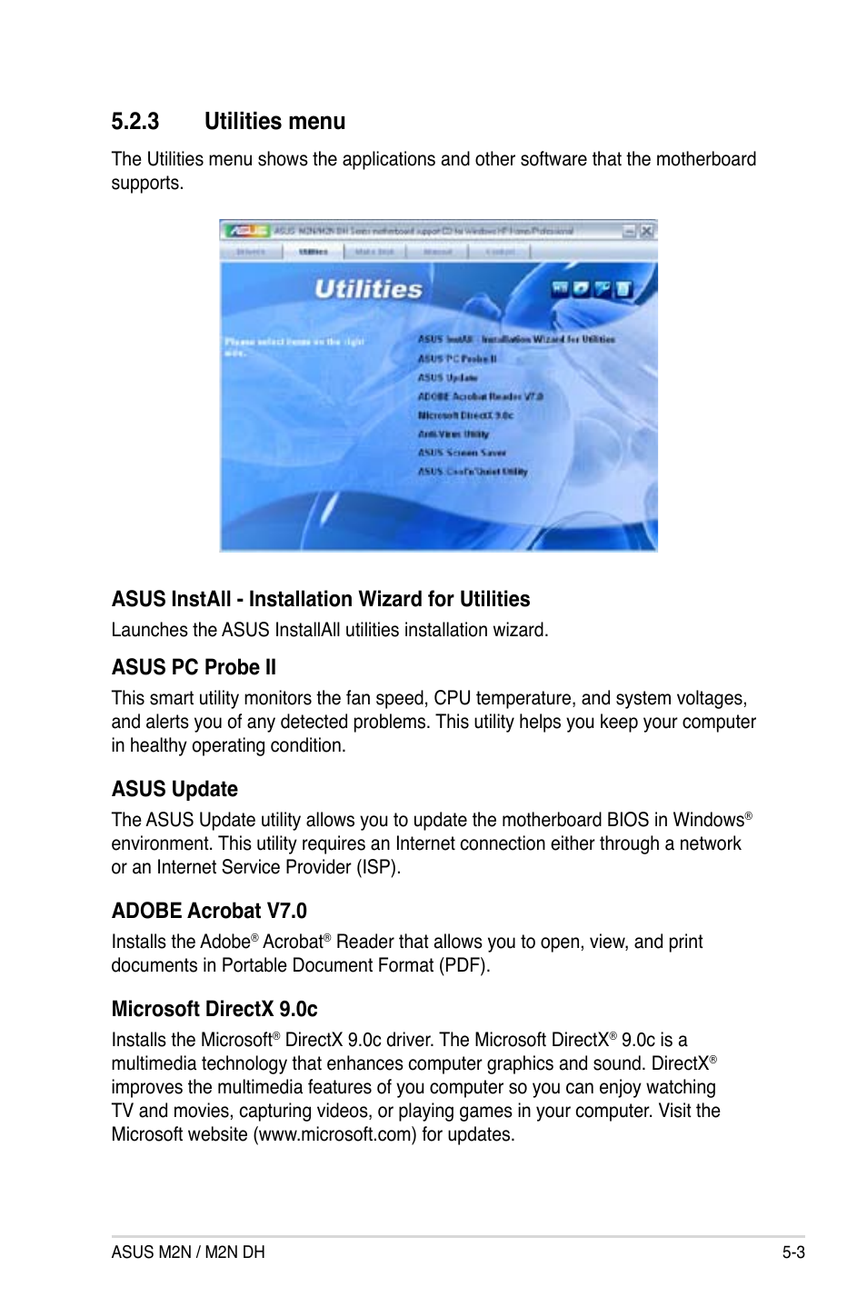 3 utilities menu, Asus install - installation wizard for utilities, Asus pc probe ii | Asus update, Adobe acrobat v7.0, Microsoft directx 9.0c | Asus M2N DH User Manual | Page 103 / 116