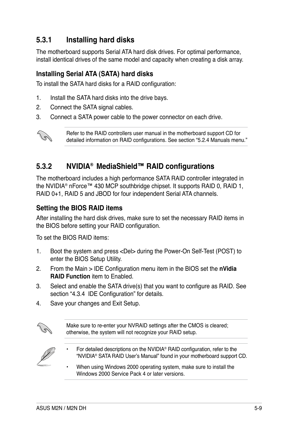 1 installing hard disks, 2 nvidia, Mediashield™ raid configurations | Installing serial ata (sata) hard disks, Setting the bios raid items | Asus M2N DH User Manual | Page 109 / 116