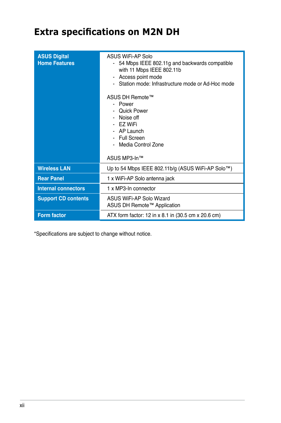 Extra specifications on m2n dh | Asus M2N DH User Manual | Page 12 / 116