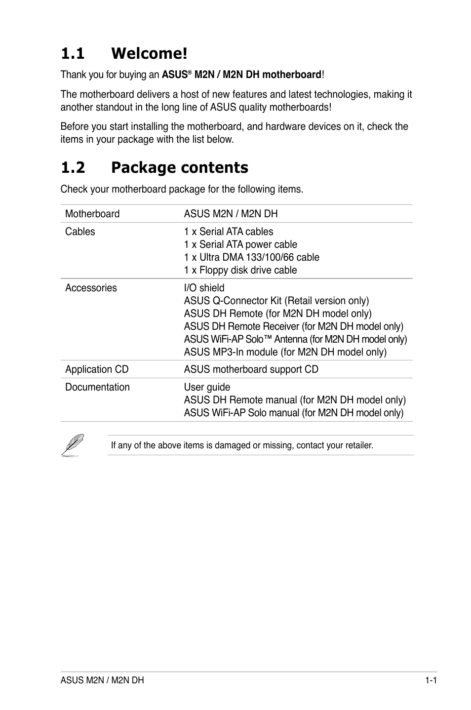 1 welcome, 2 package contents | Asus M2N DH User Manual | Page 15 / 116