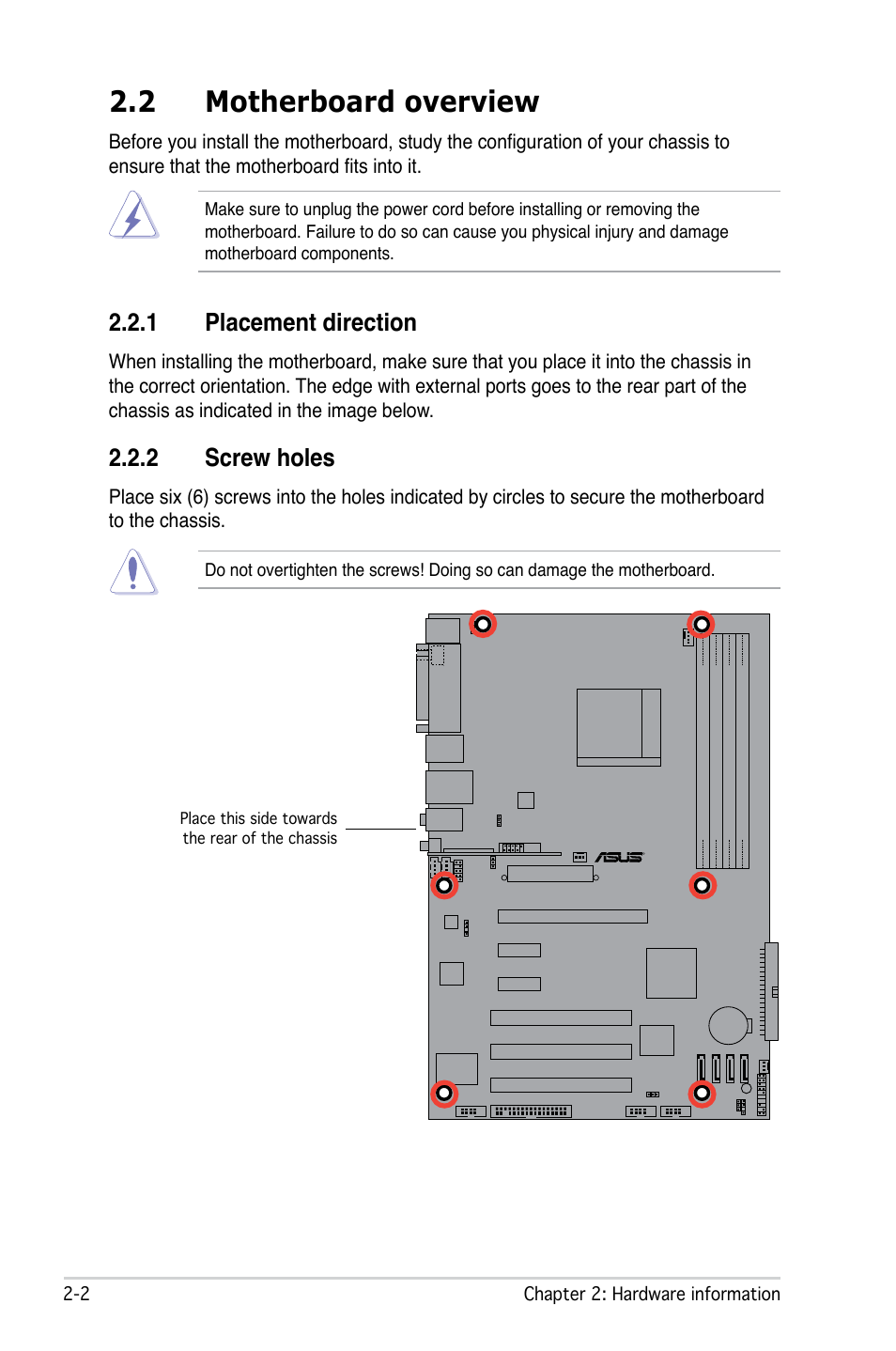 2 motherboard overview, 1 placement direction, 2 screw holes | Asus M2N DH User Manual | Page 24 / 116