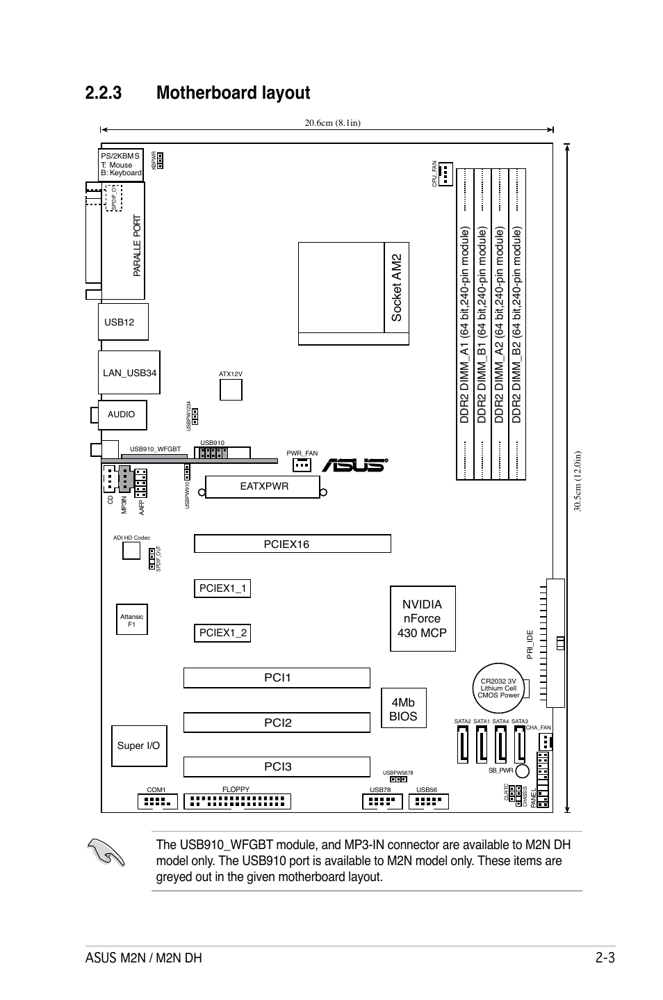 3 motherboard layout, Asus m2n / m2n dh 2, Socke ta m2 | 4mb bios, Nvidia nforce 430 mcp, Pci1 pci2 pci3 | Asus M2N DH User Manual | Page 25 / 116