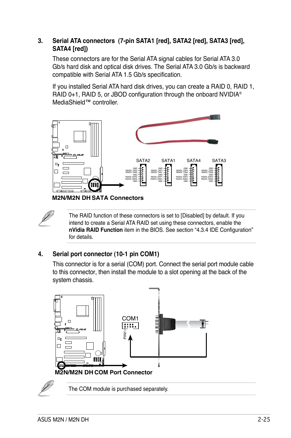 Mediashield™ controller, Asus m2n / m2n dh 2-2, M2n/m2n dh sata connectors | M2n/m2n dh com port connector | Asus M2N DH User Manual | Page 47 / 116