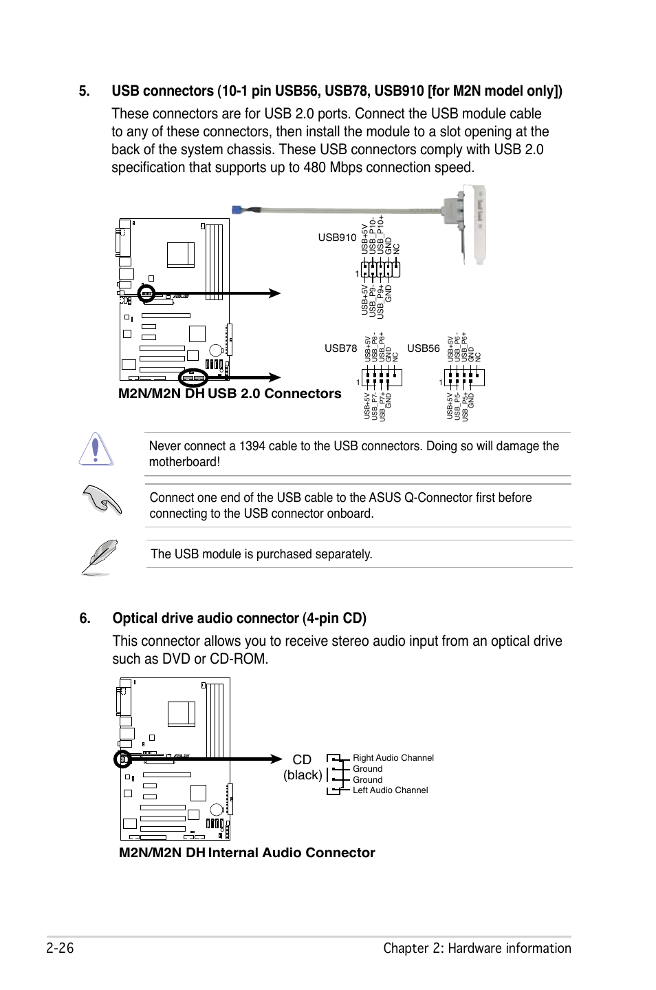 2 chapter 2: hardware information, M2n/m2n dh usb 2.0 connectors, M2n/m2n dh internal audio connector cd (black) | The usb module is purchased separately | Asus M2N DH User Manual | Page 48 / 116