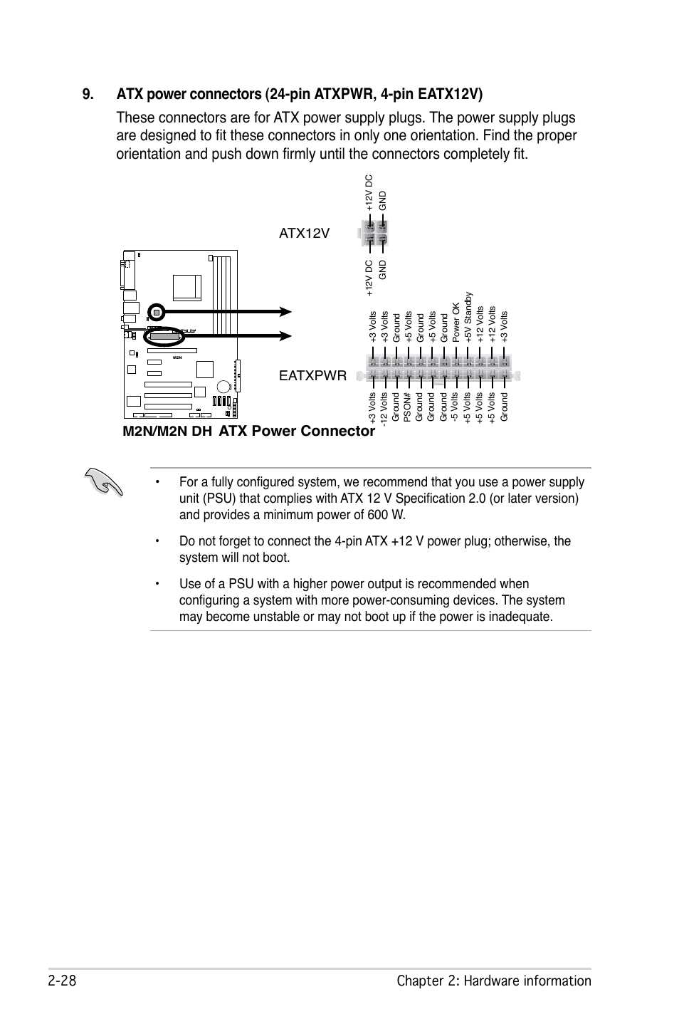 Atx power connector, 2 chapter 2: hardware information, M2n/m2n dh | Atx12v | Asus M2N DH User Manual | Page 50 / 116