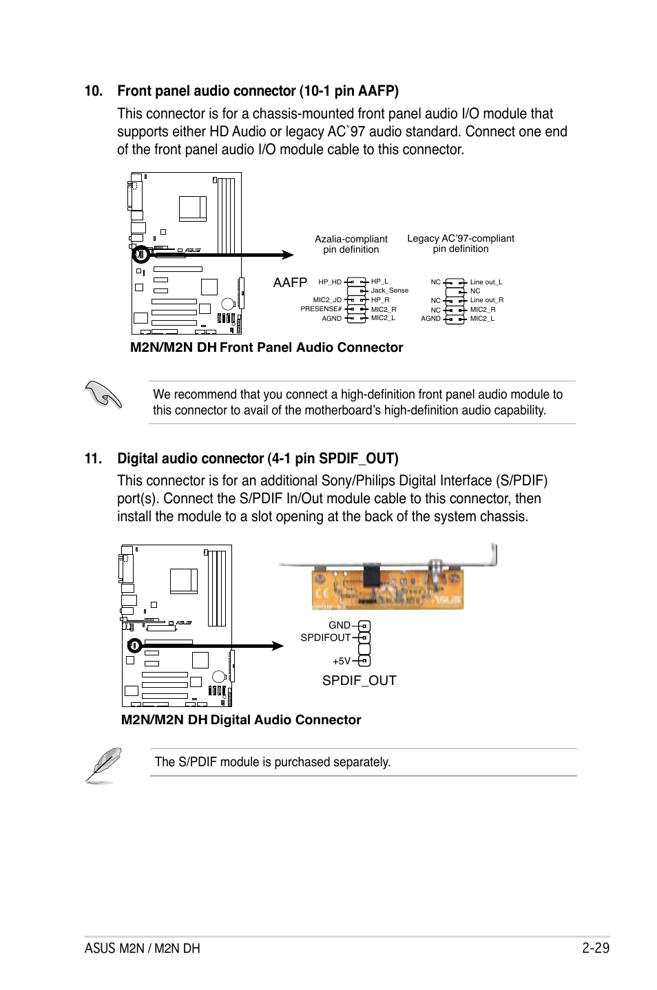 Asus m2n / m2n dh 2-2, M2n/m2n dh front panel audio connector, Aafp | The s/pdif module is purchased separately, M2n/m2n dh digital audio connector, Spdif_out | Asus M2N DH User Manual | Page 51 / 116