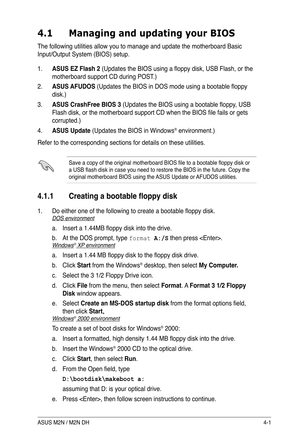 1 managing and updating your bios, 1 creating a bootable floppy disk | Asus M2N DH User Manual | Page 61 / 116