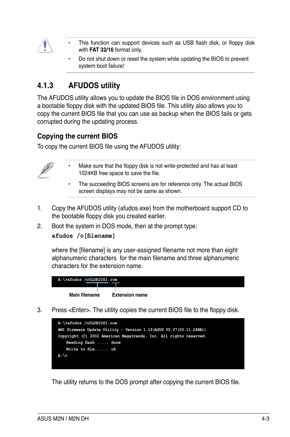 3 afudos utility, Copying the current bios | Asus M2N DH User Manual | Page 63 / 116