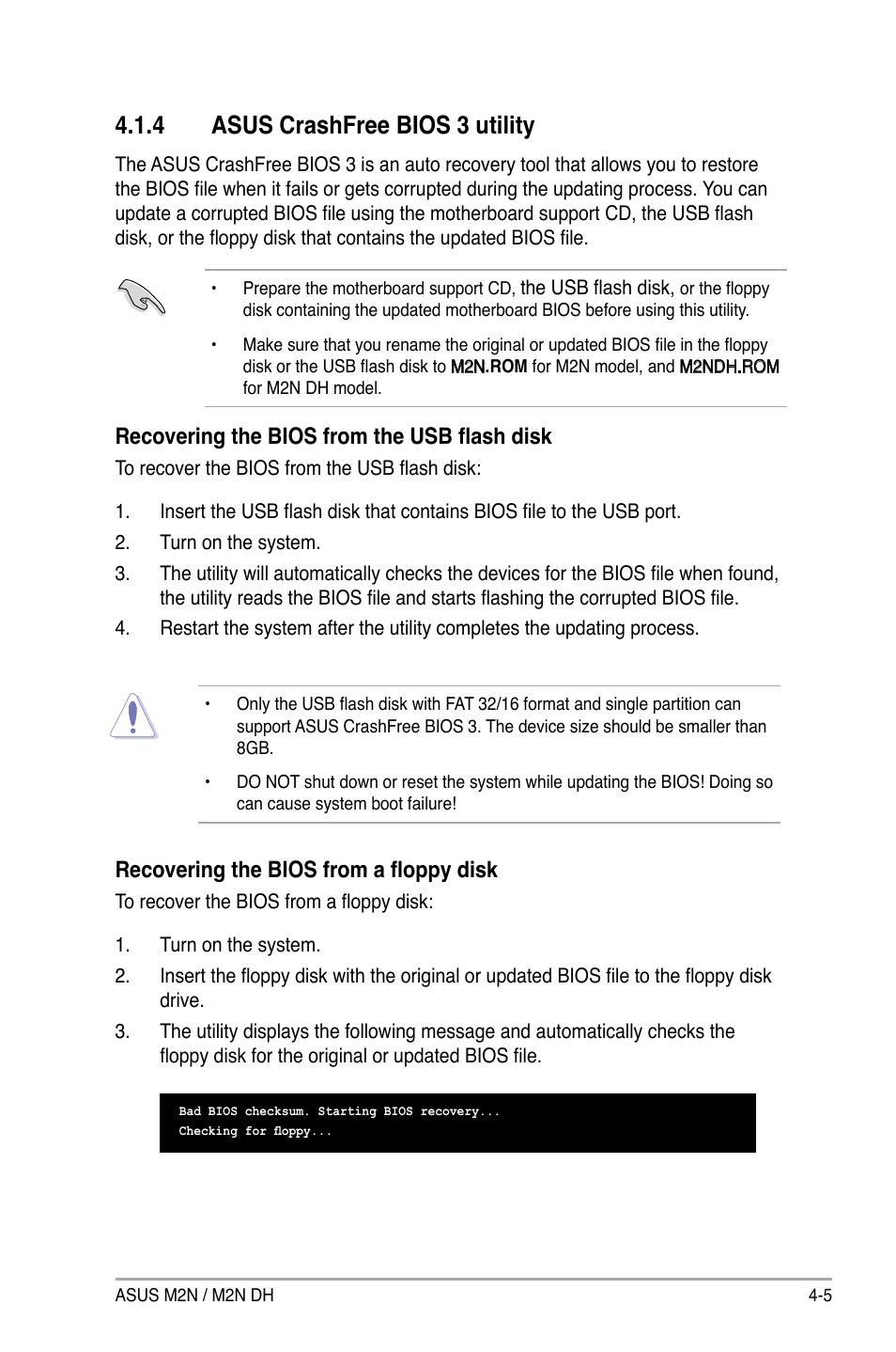 4 asus crashfree bios 3 utility, Recovering the bios from the usb flash disk, Recovering the bios from a floppy disk | Asus M2N DH User Manual | Page 65 / 116