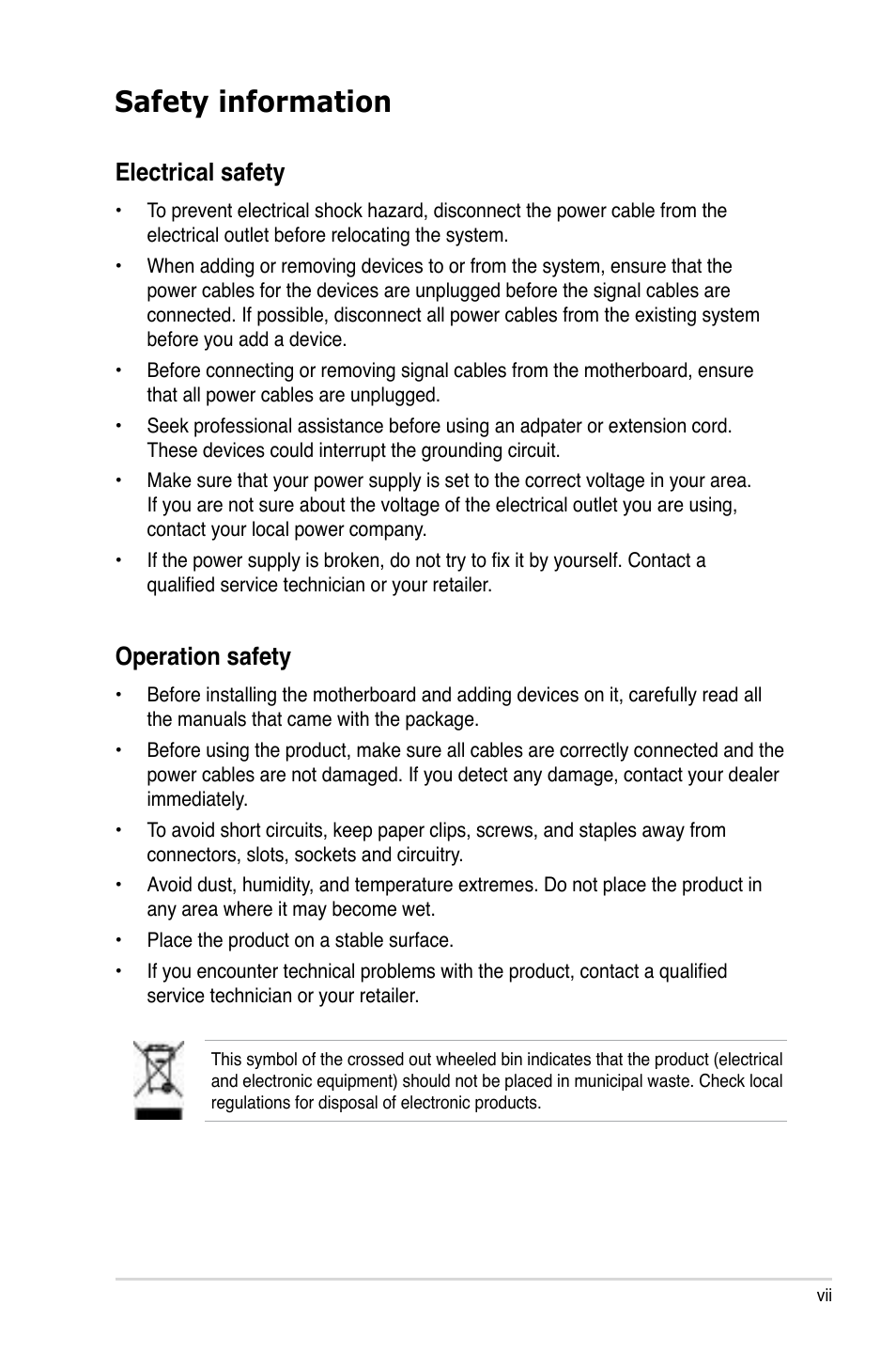 Safety information, Electrical safety, Operation safety | Asus M2N DH User Manual | Page 7 / 116