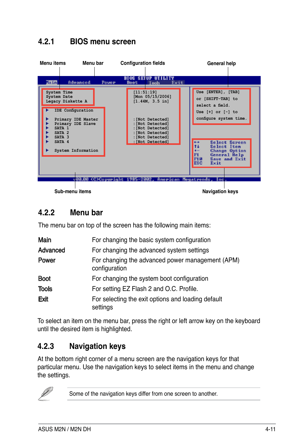 2 menu bar, 1 bios menu screen, 3 navigation keys | Asus M2N DH User Manual | Page 71 / 116