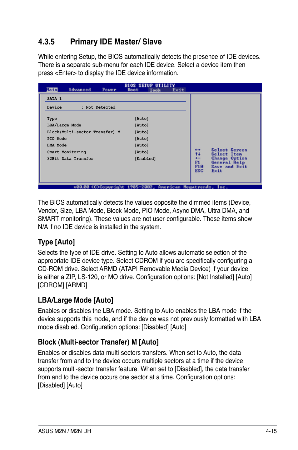 5 primary ide master/ slave, Type [auto, Lba/large mode [auto | Block (multi-sector transfer) m [auto | Asus M2N DH User Manual | Page 75 / 116