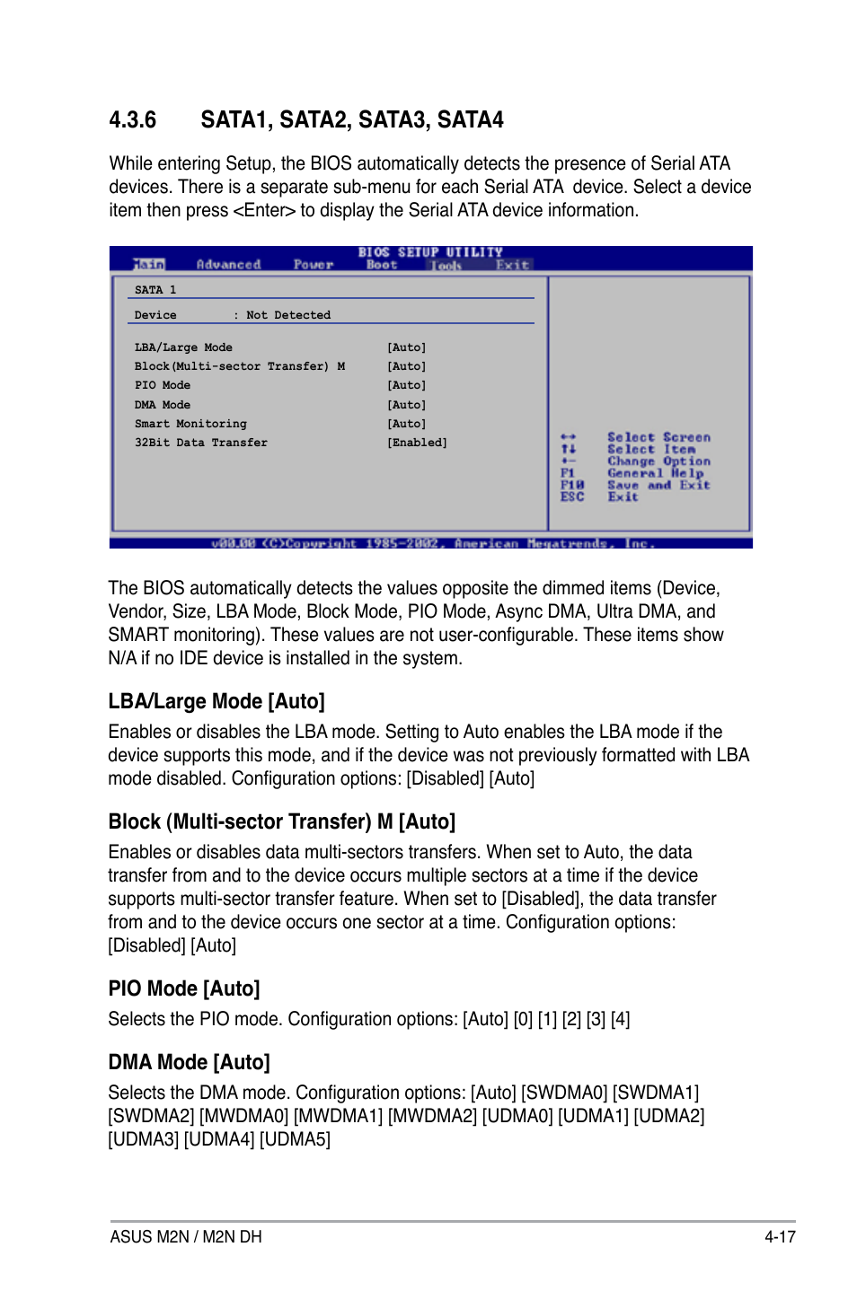 Lba/large mode [auto, Block (multi-sector transfer) m [auto, Pio mode [auto | Dma mode [auto | Asus M2N DH User Manual | Page 77 / 116