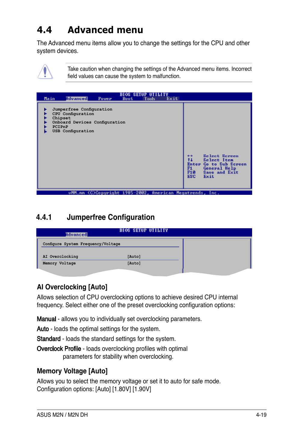 4 advanced menu, 1 jumperfree configuration, Ai overclocking [auto | Asus M2N DH User Manual | Page 79 / 116