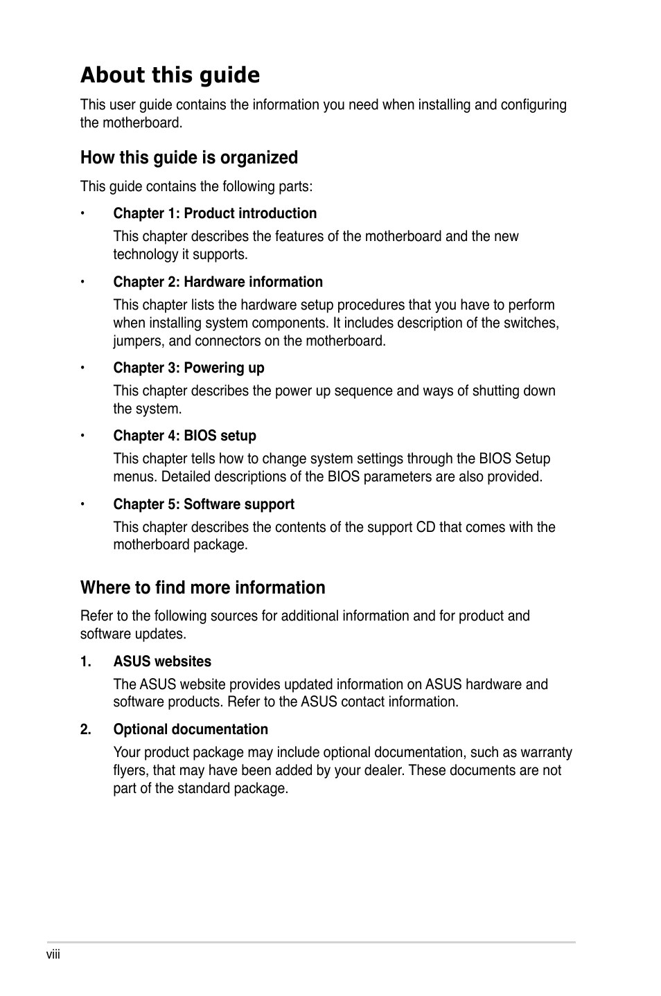 About this guide, How this guide is organized, Where to find more information | Asus M2N DH User Manual | Page 8 / 116