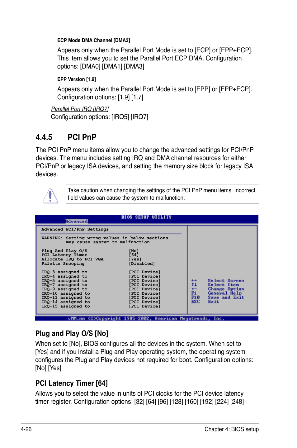 5 pci pnp, Plug and play o/s [no, Pci latency timer [64 | Configuration options: [irq5] [irq7 | Asus M2N DH User Manual | Page 86 / 116