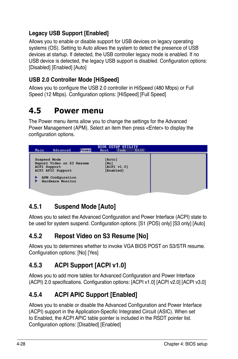 5 power menu, 1 suspend mode [auto, 2 repost video on s3 resume [no | 3 acpi support [acpi v1.0, 4 acpi apic support [enabled | Asus M2N DH User Manual | Page 88 / 116