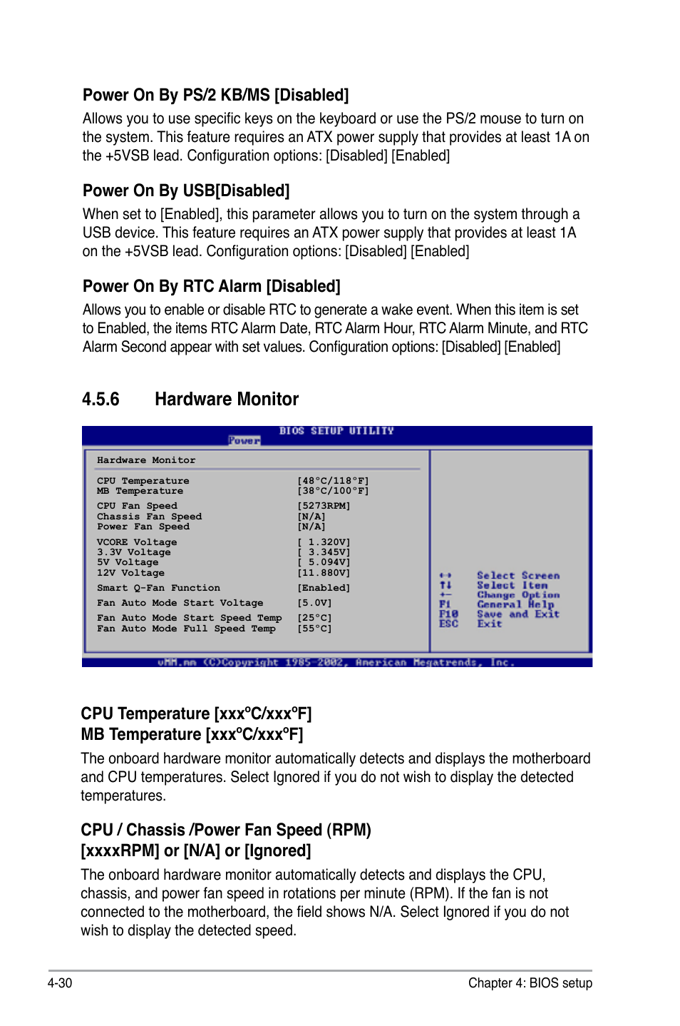 6 hardware monitor, Power on by ps/2 kb/ms [disabled, Power on by usb[disabled | Power on by rtc alarm [disabled | Asus M2N DH User Manual | Page 90 / 116