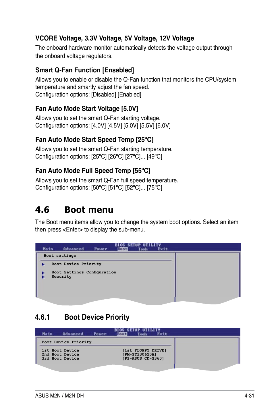 6 boot menu, 1 boot device priority, Smart q-fan function [ensabled | Fan auto mode start voltage [5.0v, Fan auto mode start speed temp [25ºc, Fan auto mode full speed temp [55ºc | Asus M2N DH User Manual | Page 91 / 116