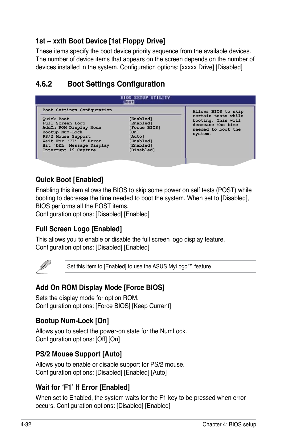 2 boot settings configuration, Quick boot [enabled, Full screen logo [enabled | Add on rom display mode [force bios, Bootup num-lock [on, Ps/2 mouse support [auto, Wait for ‘f1’ if error [enabled, 1st ~ xxth boot device [1st floppy drive | Asus M2N DH User Manual | Page 92 / 116