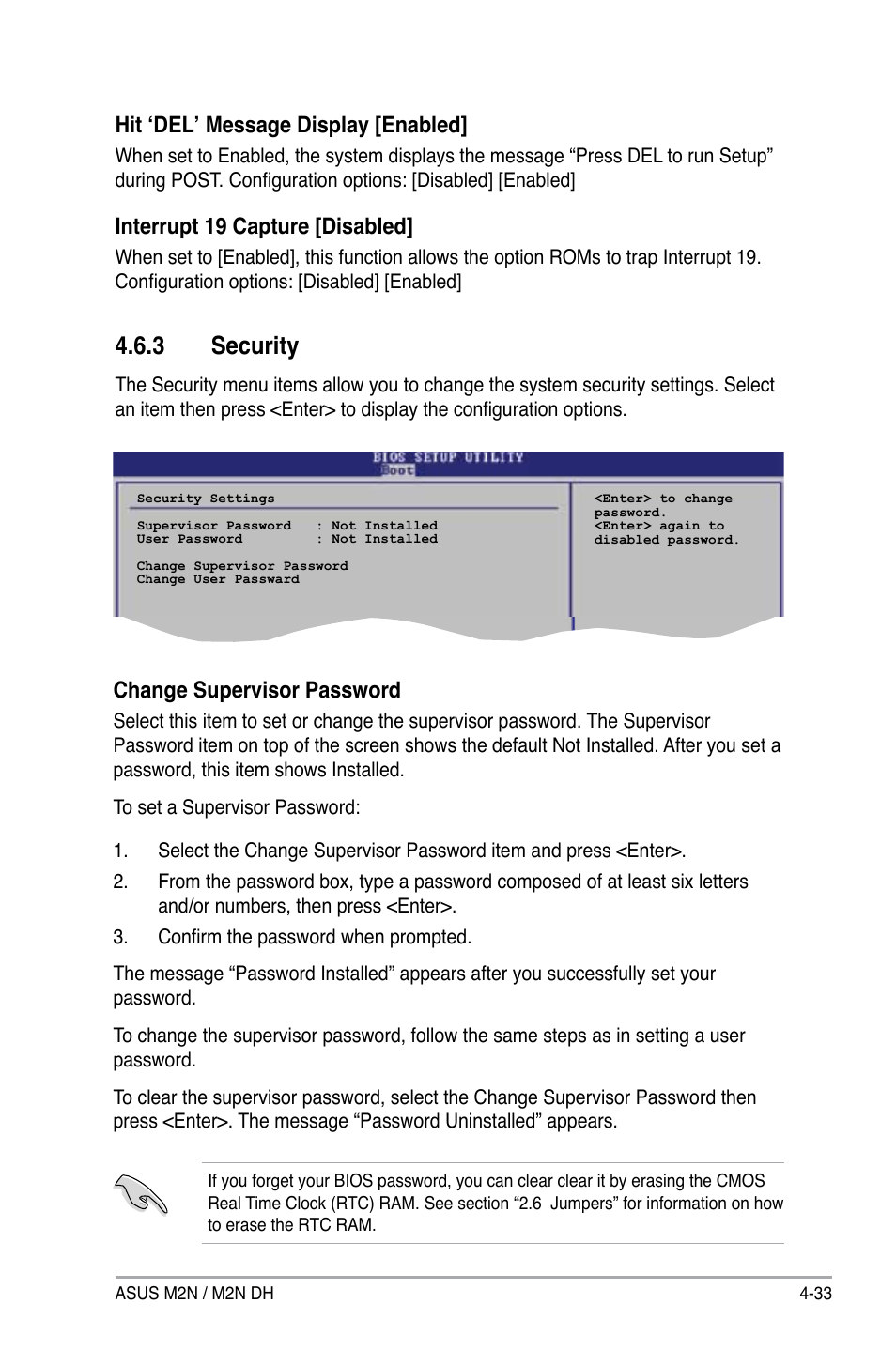 3 security, Hit ‘del’ message display [enabled, Interrupt 19 capture [disabled | Change supervisor password | Asus M2N DH User Manual | Page 93 / 116