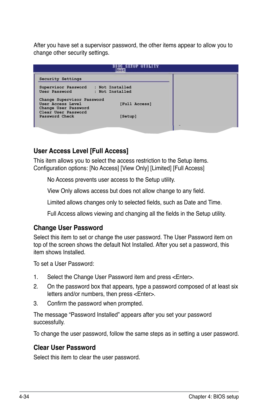 User access level [full access, Change user password, Clear user password | Asus M2N DH User Manual | Page 94 / 116