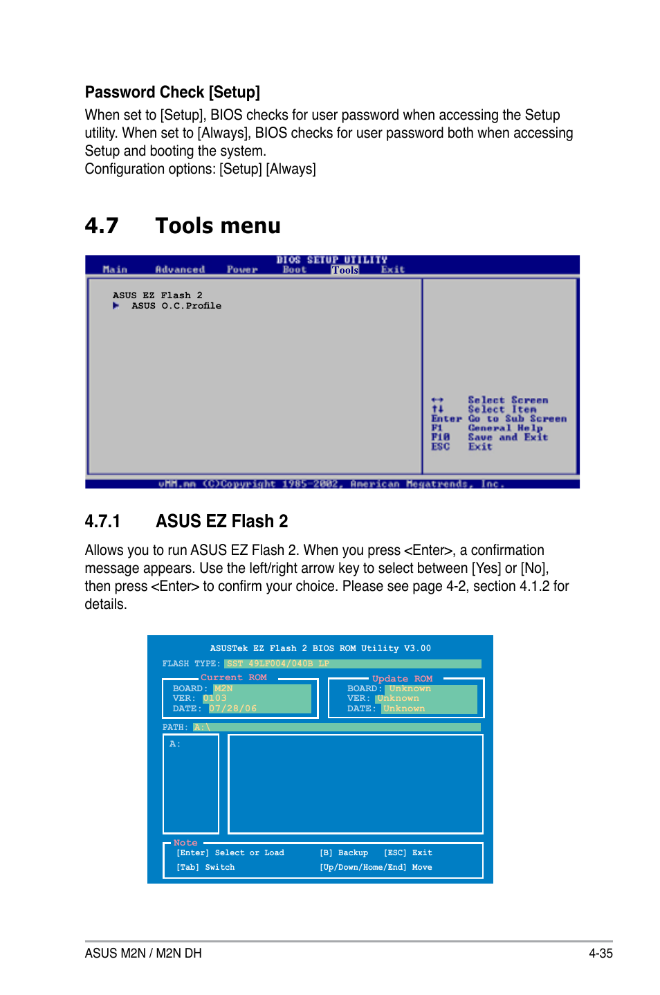 7 tools menu, 1 asus ez flash 2, Password check [setup | Asus M2N DH User Manual | Page 95 / 116