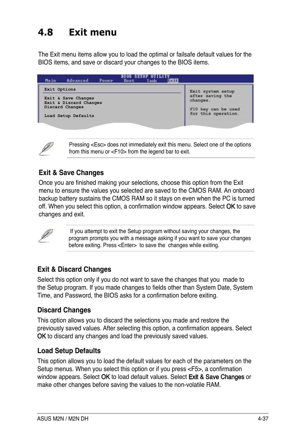 8 exit menu, Exit & discard changes, Discard changes | Load setup defaults, Exit & save changes | Asus M2N DH User Manual | Page 97 / 116