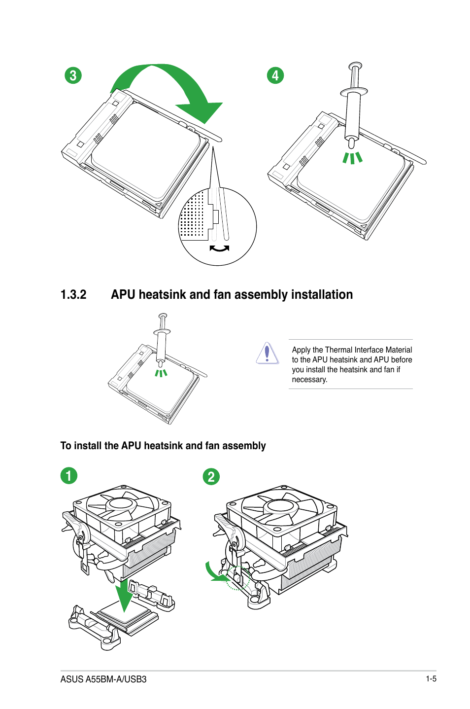 2 apu heatsink and fan assembly installation | Asus A55BM-A/USB3 User Manual | Page 13 / 49