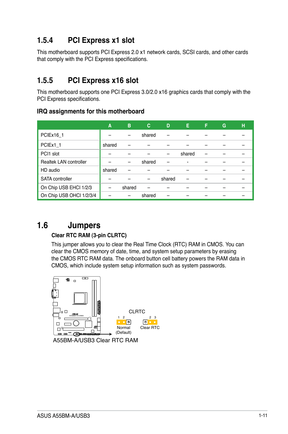 6 jumpers, Jumpers -11, 4 pci express x1 slot | 5 pci express x16 slot, Irq assignments for this motherboard | Asus A55BM-A/USB3 User Manual | Page 19 / 49